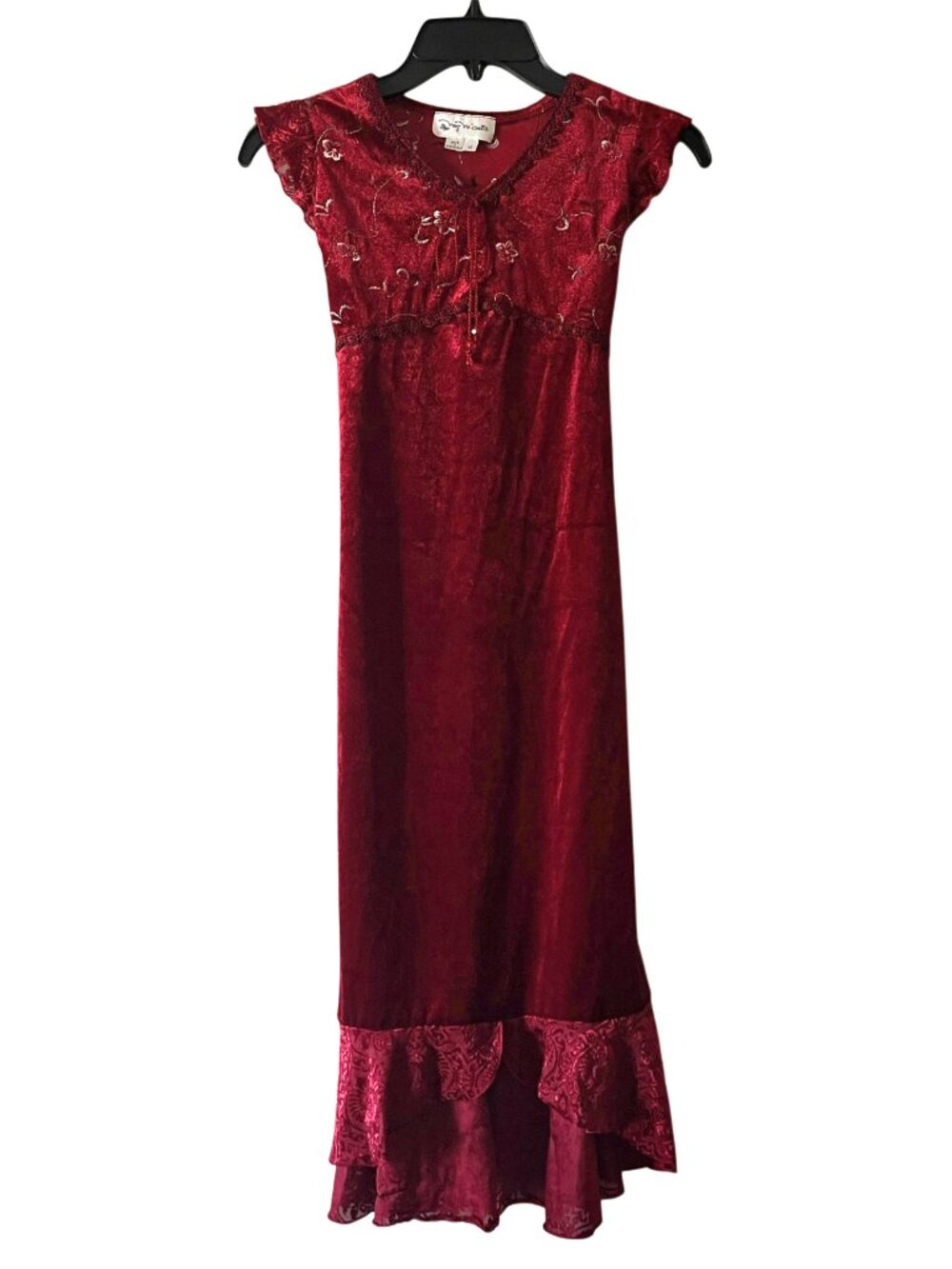 My Michelle Red Velvet Embroidered Maxi Dress Boho Tie Back Girl Size 12
